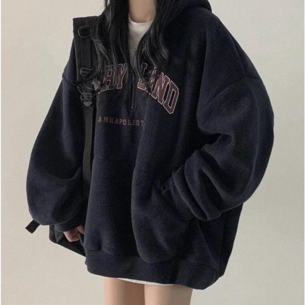 【RENA小舖 台灣現貨每天出】秋冬寬鬆慵懶刺繡字母半開拉鍊帽T/大學T/加絨上衣/休閒上衣【R22062】-細節圖7