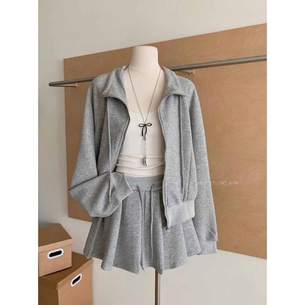 【RENA小舖 台灣現貨每天出】韓系立領外套百褶裙純棉套裝/小個子穿搭/裙裝套裝/百褶裙內有安全褲【R22053】-細節圖3