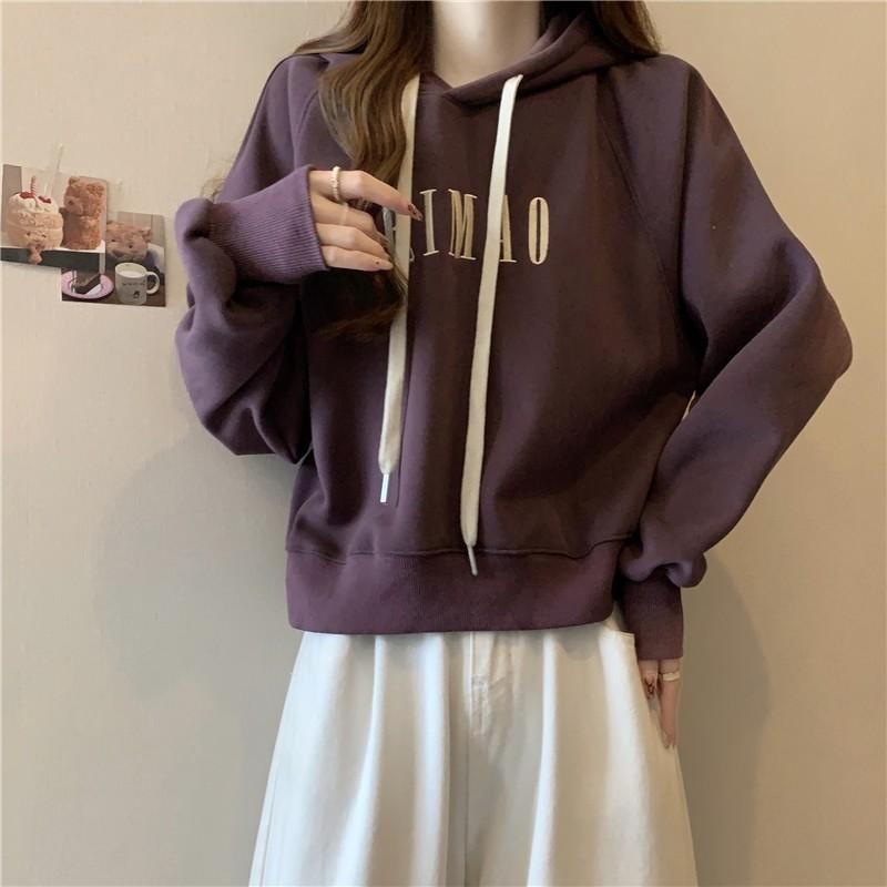 【RENA小舖 台灣現貨每天出】韓系簡約字母刺繡短版帽T/加絨帽T/長袖上衣【R22057】-細節圖3