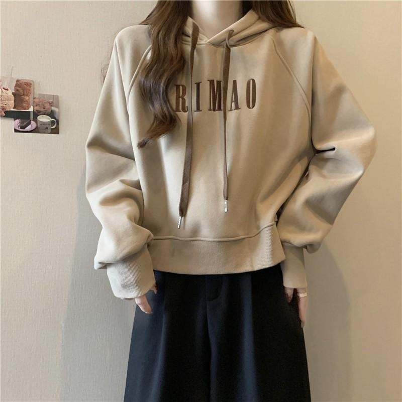 【RENA小舖 台灣現貨每天出】韓系簡約字母刺繡短版帽T/加絨帽T/長袖上衣【R22057】-細節圖5