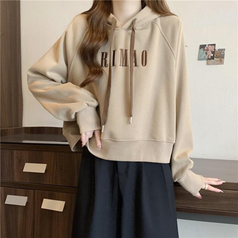 【RENA小舖 台灣現貨每天出】韓系簡約字母刺繡短版帽T/加絨帽T/長袖上衣【R22057】-細節圖9