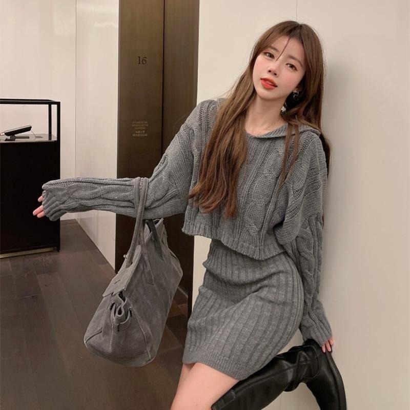 【RENA小舖 台灣現貨每天出】連帽針織麻花套裝/半身裙/韓版/休閒百搭/毛衣套裝【R21894】-細節圖5