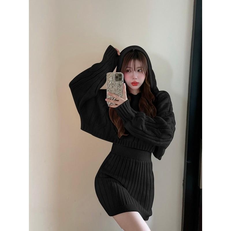 【RENA小舖 台灣現貨每天出】連帽針織麻花套裝/半身裙/韓版/休閒百搭/毛衣套裝【R21894】-細節圖8