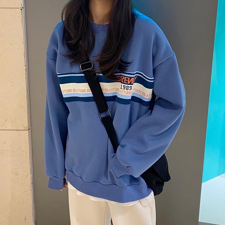 【RENA小舖 台灣現貨每天出】拚色字母刺繡大學T 加絨 衛衣 寬鬆 長袖T恤 大學T女 刷毛【R21682】-細節圖3