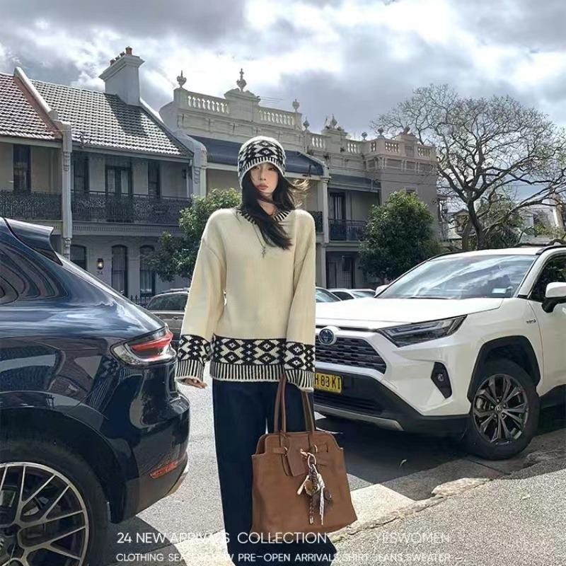 【RENA小舖 台灣現貨每天出】撞色毛衣套裝/寬鬆圓領針織衫+帽子/長袖百搭毛衣/秋冬/針織毛帽【R21867】-細節圖5