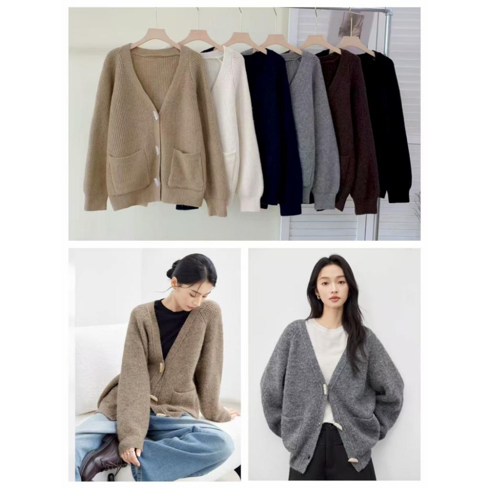 【RENA小舖 台灣現貨每天出】慵懶V領牛角釦針織外套/寬鬆毛衣外套/百搭休閒【R22032】-細節圖4