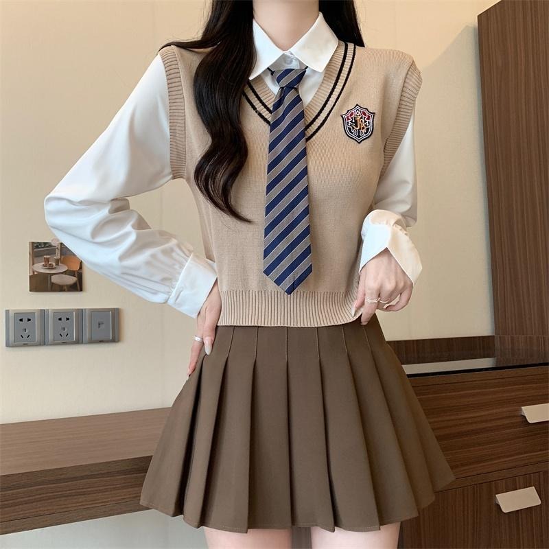 【RENA小舖 台灣現貨每天出】學院風拼色V領襯衫假兩件/送領帶/學生/針織/襯衫/假兩件/ins【R21843】-細節圖6