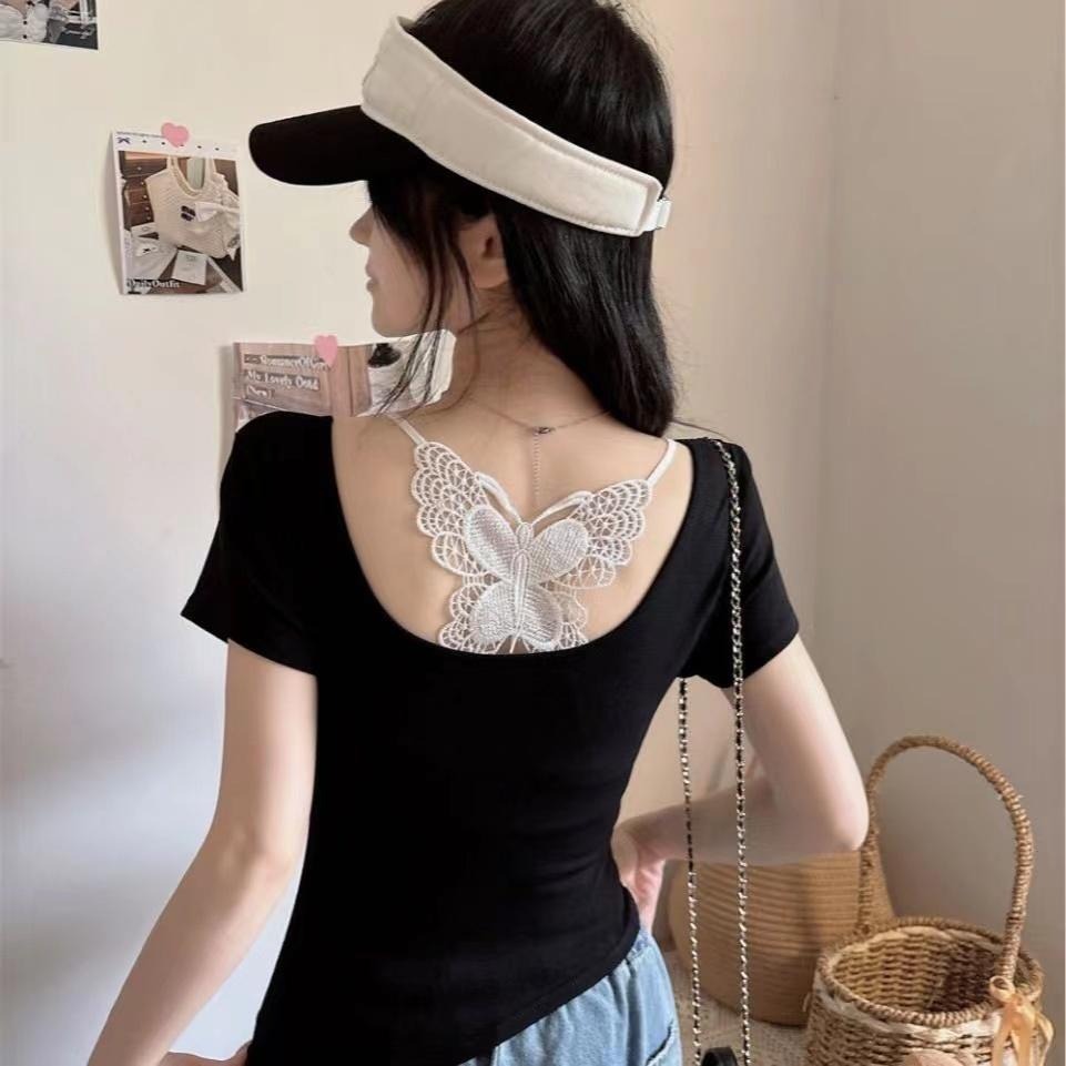 【RENA小舖 台灣現貨每天出】夏季兩件套/短袖+內搭/顯瘦短袖/蝴蝶小可愛/美背小可愛/自帶胸墊【R21988】-細節圖2