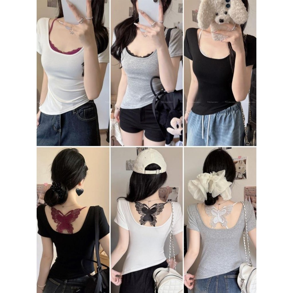 【RENA小舖 台灣現貨每天出】夏季兩件套/短袖+內搭/顯瘦短袖/蝴蝶小可愛/美背小可愛/自帶胸墊【R21988】-細節圖3