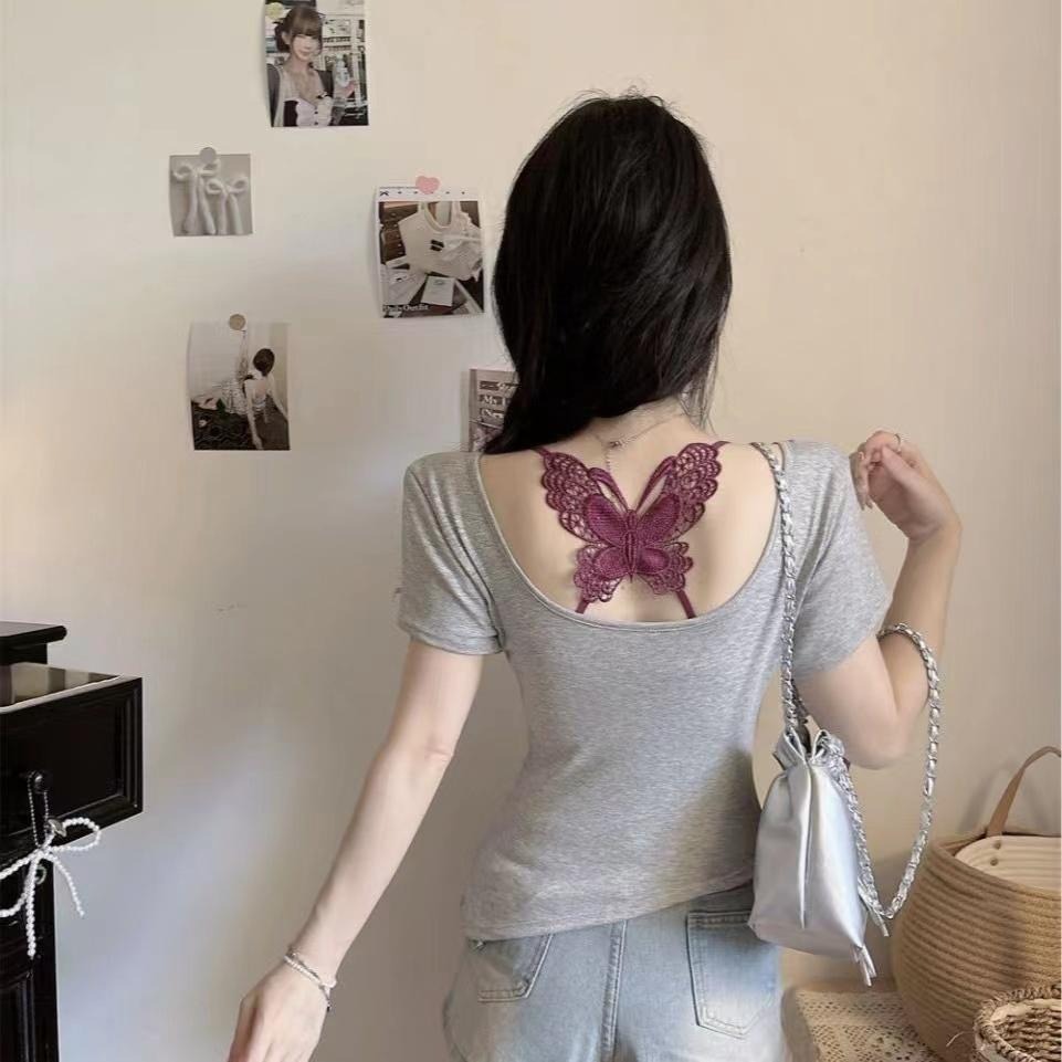 【RENA小舖 台灣現貨每天出】夏季兩件套/短袖+內搭/顯瘦短袖/蝴蝶小可愛/美背小可愛/自帶胸墊【R21988】-細節圖5