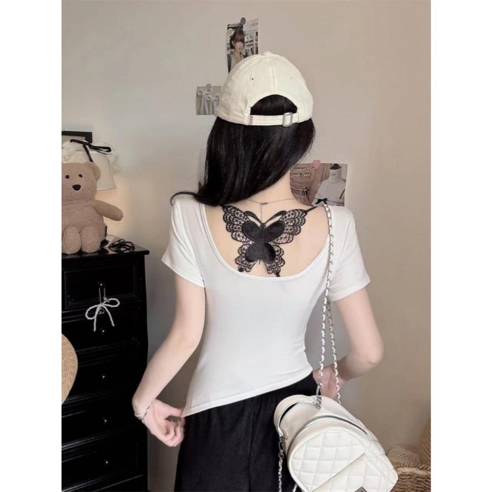 【RENA小舖 台灣現貨每天出】夏季兩件套/短袖+內搭/顯瘦短袖/蝴蝶小可愛/美背小可愛/自帶胸墊【R21988】-細節圖7