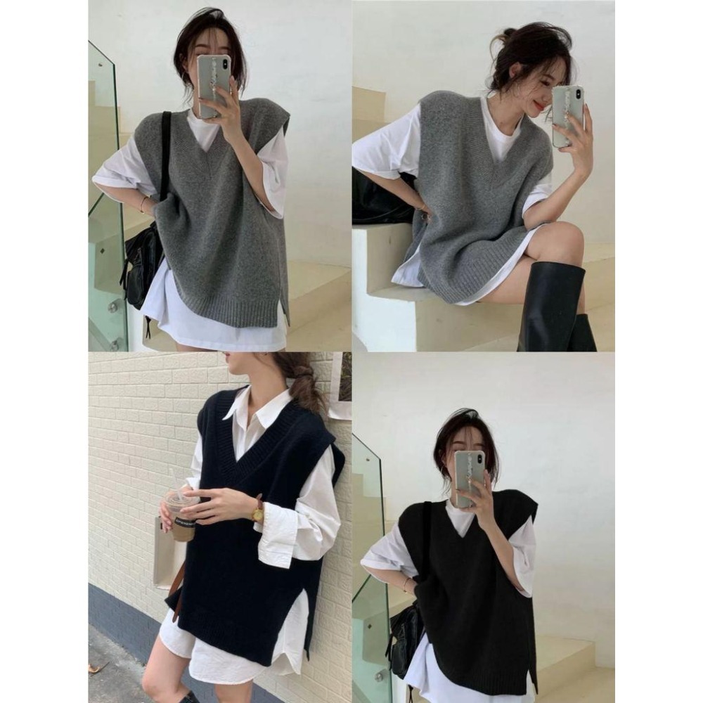 【RENA小舖 台灣現貨每天出】V領毛衣/素面毛衣/馬甲背心/針織背心/開岔馬甲/慵懶風/寬鬆針織【R21951】-細節圖4