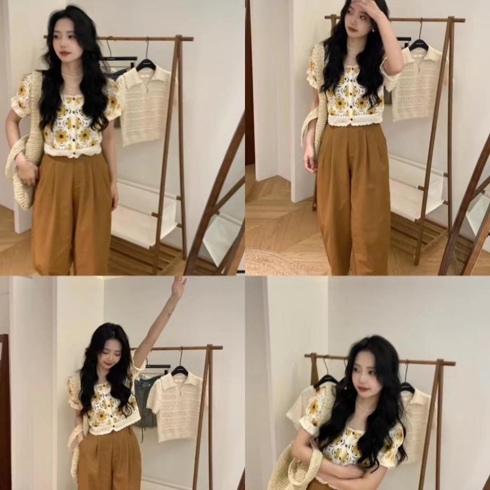 【RENA小舖 台灣現貨每天出】法式鏤空針織/拼接短袖/向日葵上衣/短款刺繡上衣/夏季短袖/春夏/可愛【R21933】-細節圖4