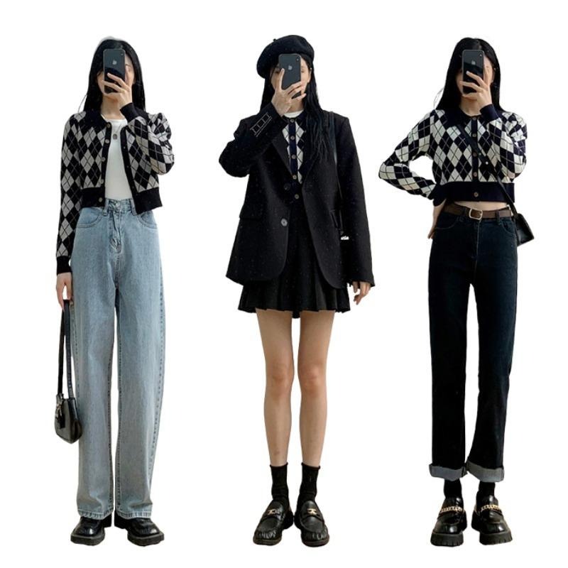 【RENA小舖 台灣現貨每天出】復古Polo領/針織長袖開衫/黑白菱格短版/格紋針織/長袖上衣【R21917】-細節圖2