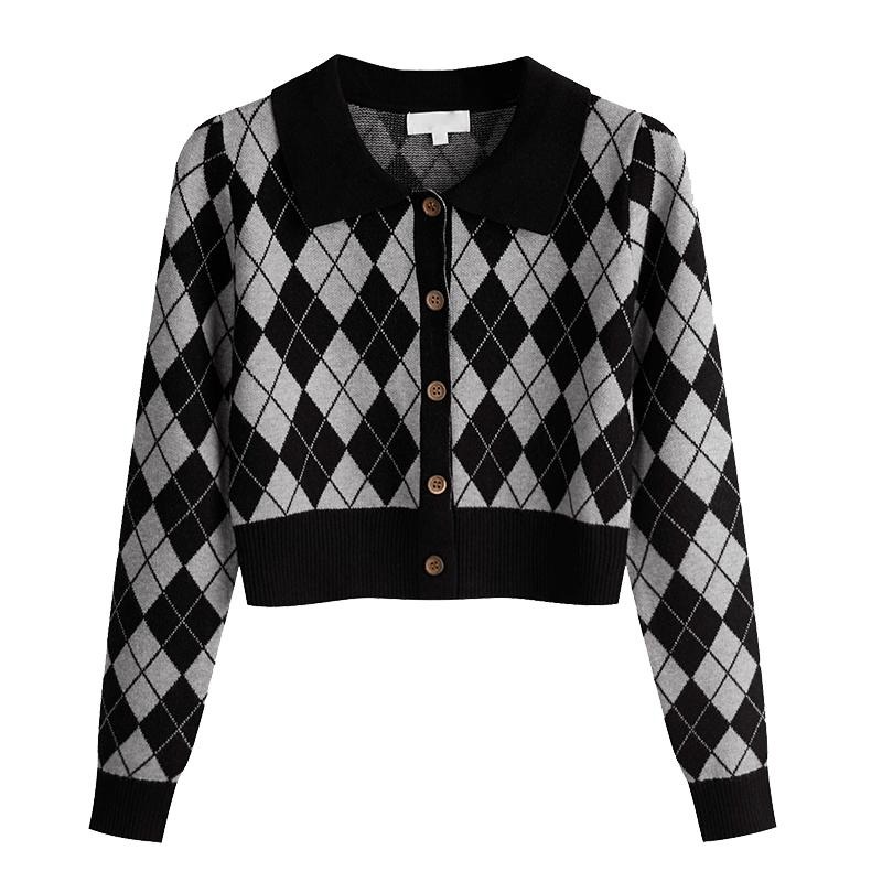【RENA小舖 台灣現貨每天出】復古Polo領/針織長袖開衫/黑白菱格短版/格紋針織/長袖上衣【R21917】-細節圖4