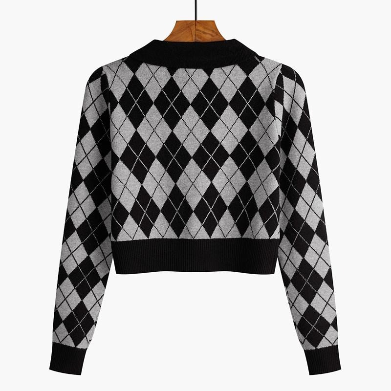 【RENA小舖 台灣現貨每天出】復古Polo領/針織長袖開衫/黑白菱格短版/格紋針織/長袖上衣【R21917】-細節圖5