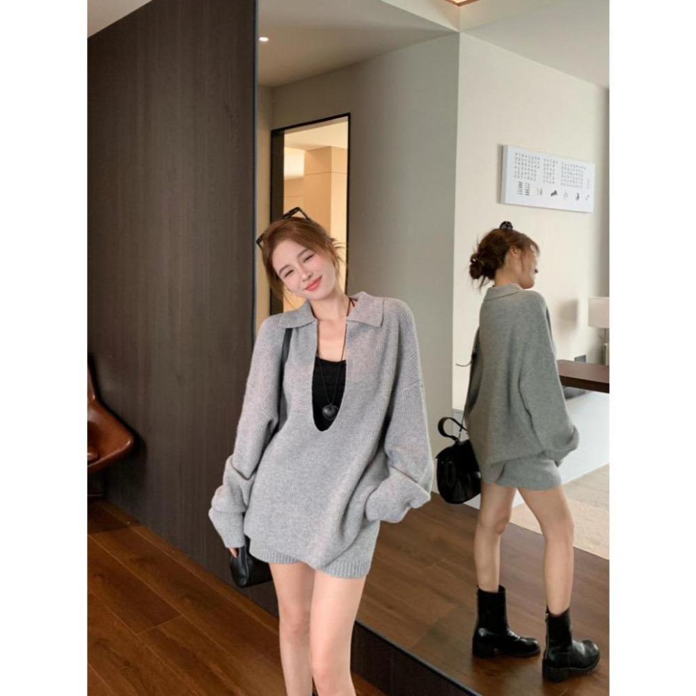 【RENA小舖 台灣現貨每天出】針織休閒套裝/韓版/針織毛衣上衣+短褲/毛衣套裝/兩件套/慵懶/秋冬【R21866】-細節圖4