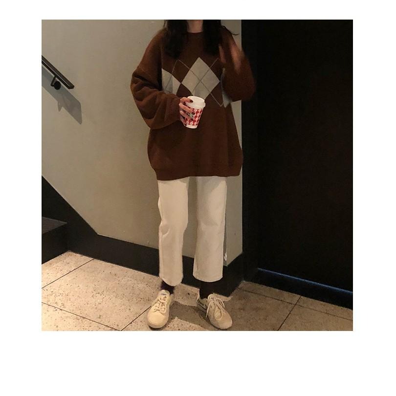 【RENA小舖 台灣現貨每天出】復古少女菱格秋冬針織毛衣上衣_寬鬆/顯瘦/百搭/針織/毛衣/上衣/ 【R14096】-細節圖4