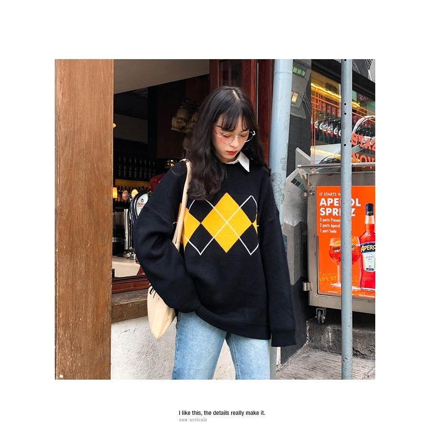 【RENA小舖 台灣現貨每天出】復古少女菱格秋冬針織毛衣上衣_寬鬆/顯瘦/百搭/針織/毛衣/上衣/ 【R14096】-細節圖9