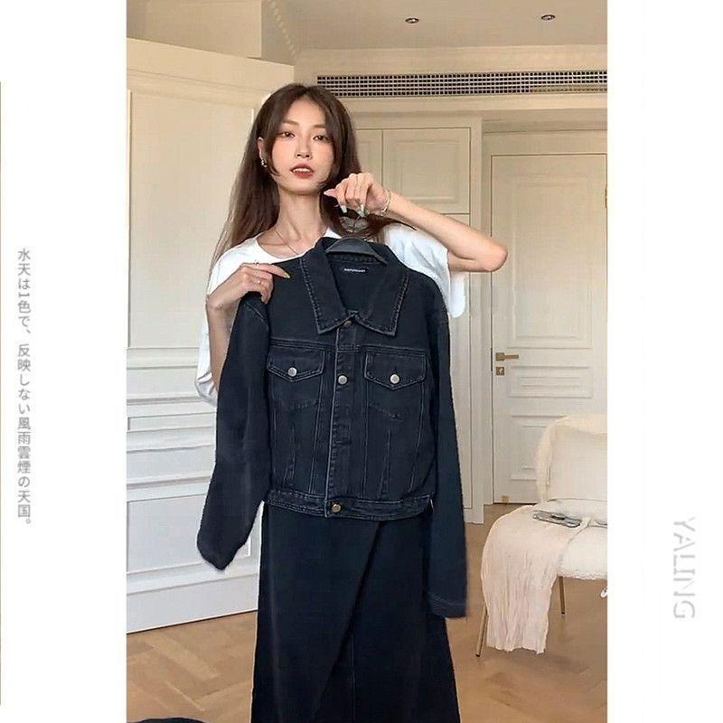 【RENA小舖 台灣現貨每天出】牛仔外套+半身裙兩件套/牛仔套裝/藏青/經典/丹寧/牛仔長裙/牛仔裙【R21850】-細節圖2