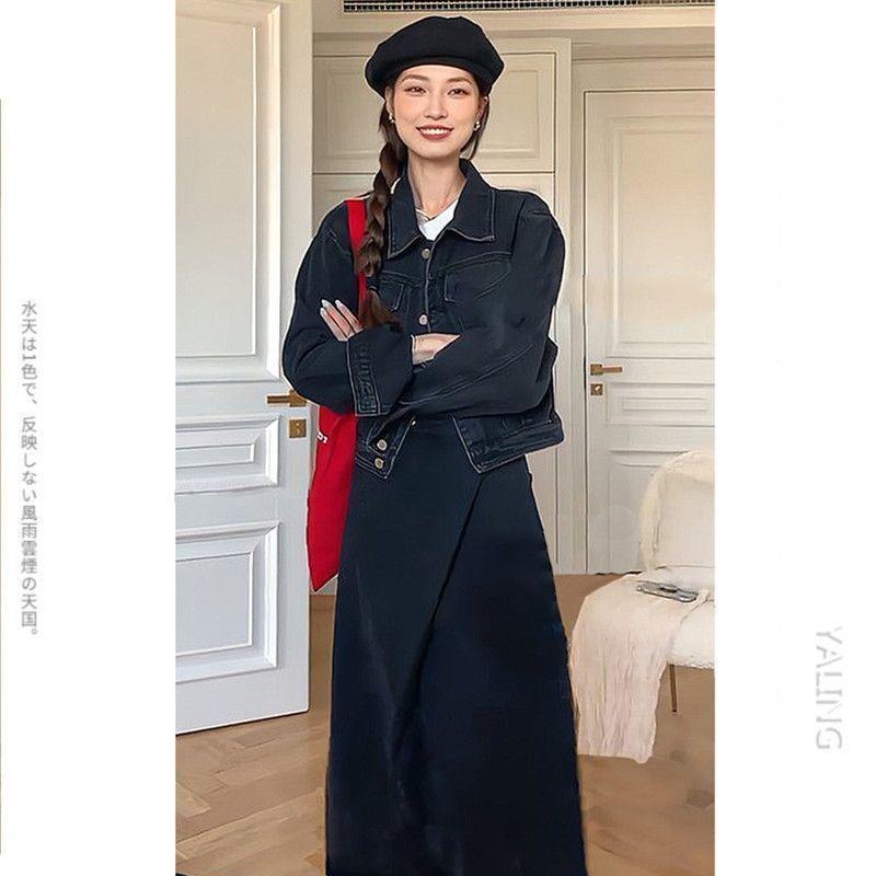 【RENA小舖 台灣現貨每天出】牛仔外套+半身裙兩件套/牛仔套裝/藏青/經典/丹寧/牛仔長裙/牛仔裙【R21850】-細節圖3