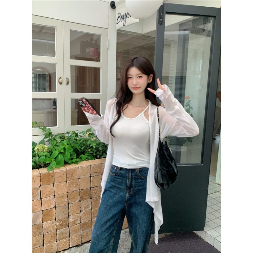 【RENA小舖 台灣現貨每天出】不規則針織防曬衫/顯瘦/素色/開衫/透膚/長袖/設計感/冰絲/涼感【R21798】-細節圖5