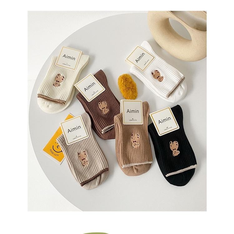 【RENA小舖 台灣現貨每天出】熊熊軟餅乾🍪｜小熊長襪_刺繡/日常/百搭/可愛/襪子/配件【R21368】-細節圖5