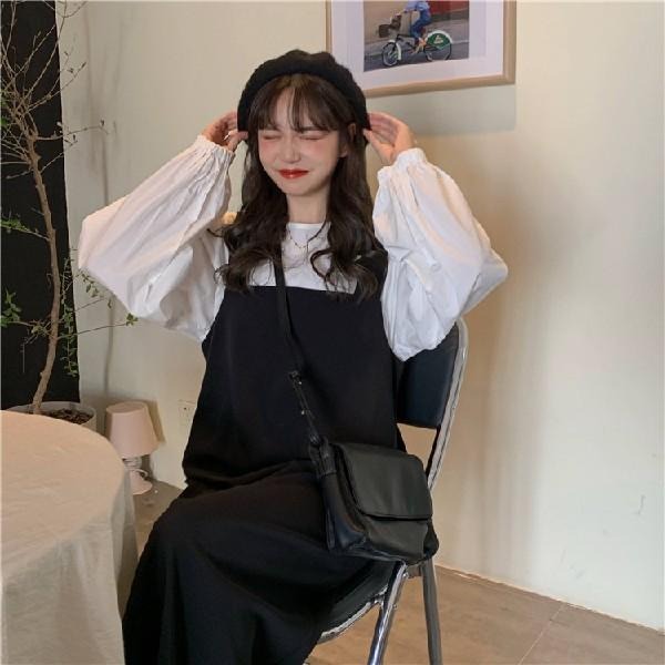 【RENA小舖 台灣現貨每天出】褶皺束口襯衫×黑色背帶裙_顯瘦/休閒/短袖/秋季/襯衫/背帶裙【R17003】-細節圖4