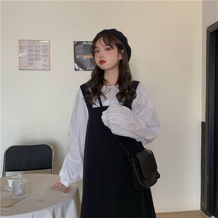 【RENA小舖 台灣現貨每天出】褶皺束口襯衫×黑色背帶裙_顯瘦/休閒/短袖/秋季/襯衫/背帶裙【R17003】-細節圖5