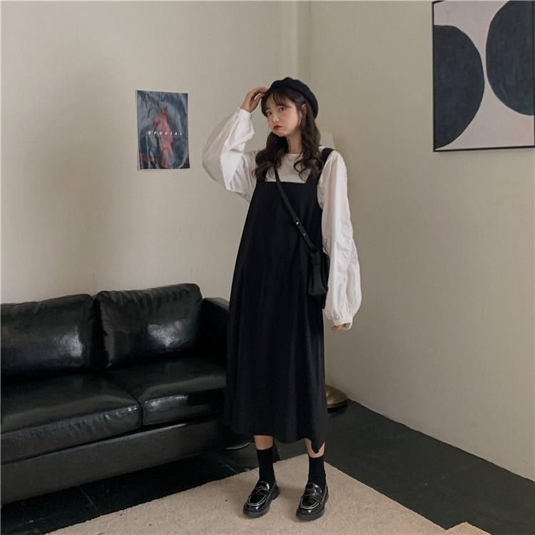 【RENA小舖 台灣現貨每天出】褶皺束口襯衫×黑色背帶裙_顯瘦/休閒/短袖/秋季/襯衫/背帶裙【R17003】-細節圖6