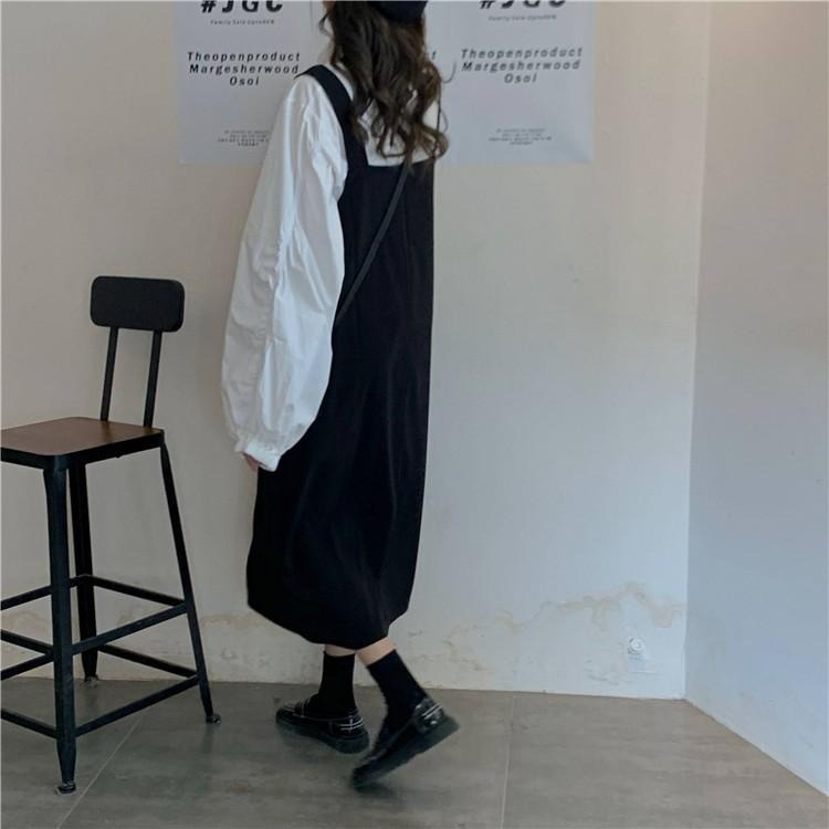 【RENA小舖 台灣現貨每天出】褶皺束口襯衫×黑色背帶裙_顯瘦/休閒/短袖/秋季/襯衫/背帶裙【R17003】-細節圖8