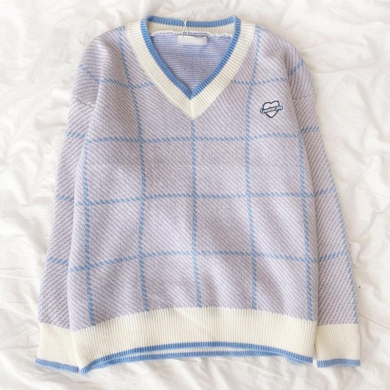 【RENA小舖 台灣現貨每天出】淡色格紋V領針織上衣_復古/慵懶/顯瘦/長袖/寬鬆/針織毛衣【R21052】-細節圖4