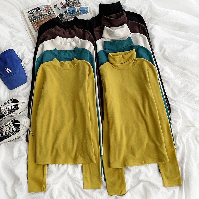 【RENA小舖 台灣現貨每天出】超軟糯親膚德絨雙面磨毛高領圓領修身顯瘦百搭保暖打底衫上衣【R20579】-細節圖2