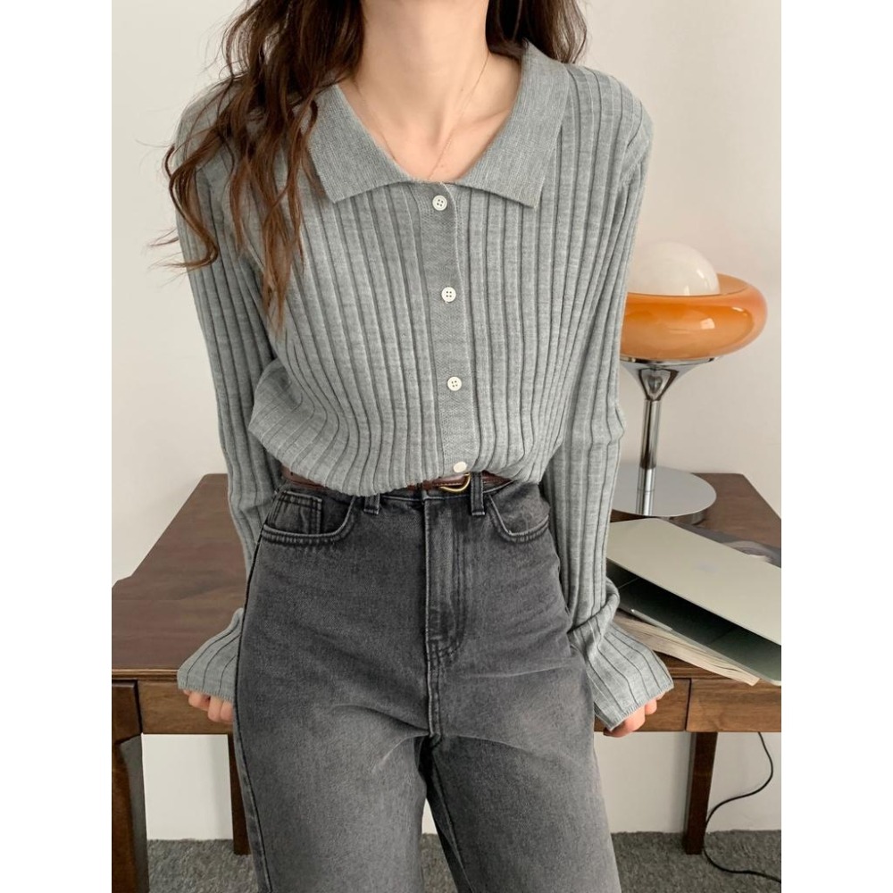 【RENA小舖 台灣現貨每天出】人手一件🤚｜翻領排扣針織開衫_百搭/條紋/顯瘦/修身/長袖/針織上衣【R19259】-細節圖2