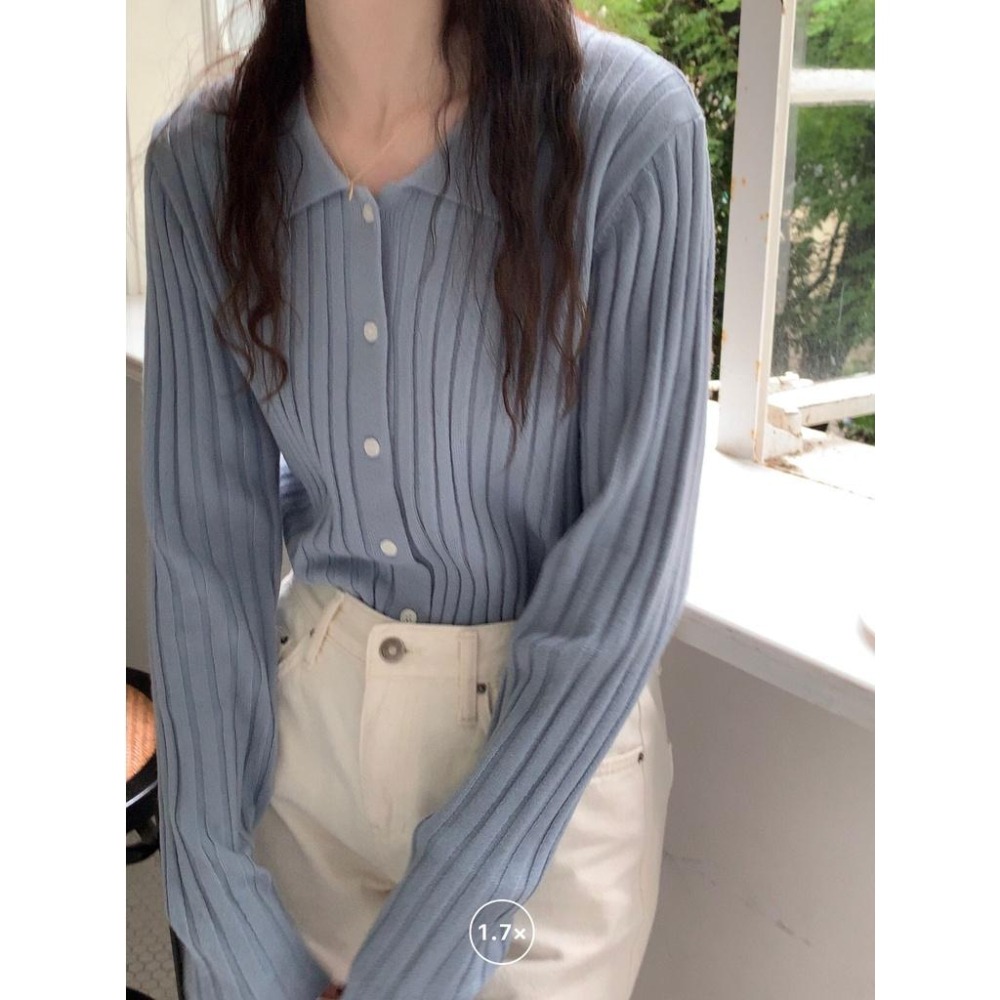 【RENA小舖 台灣現貨每天出】人手一件🤚｜翻領排扣針織開衫_百搭/條紋/顯瘦/修身/長袖/針織上衣【R19259】-細節圖7