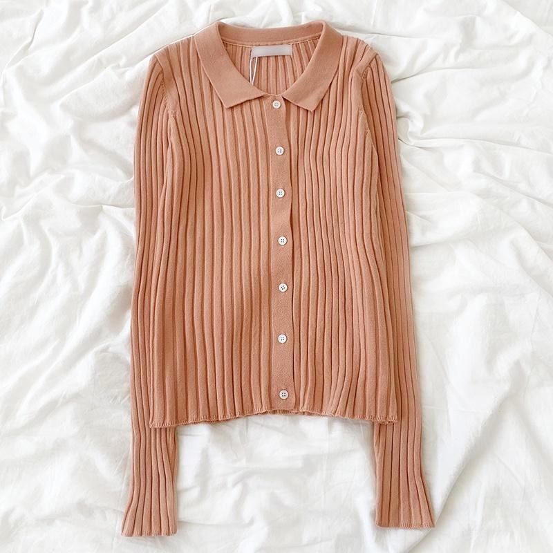 【RENA小舖 台灣現貨每天出】人手一件🤚｜翻領排扣針織開衫_百搭/條紋/顯瘦/修身/長袖/針織上衣【R19259】-細節圖9