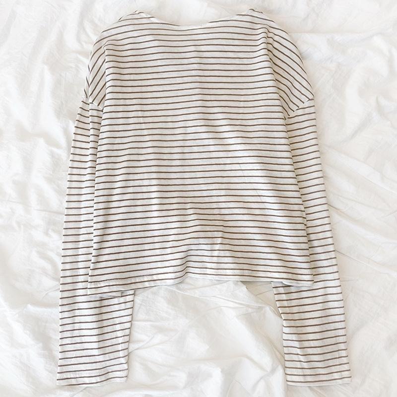 【RENA小舖 台灣現貨每天出】復古條紋少女圓領修身長袖開衫上衣工裝風墨綠休閒長褲套裝【R19049】-細節圖2