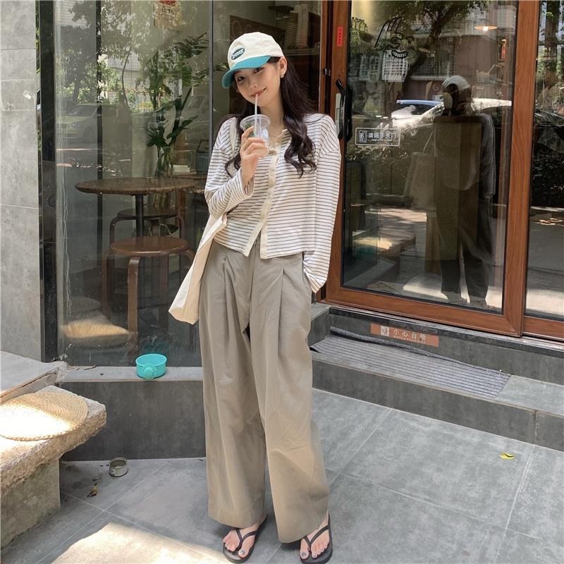 【RENA小舖 台灣現貨每天出】復古條紋少女圓領修身長袖開衫上衣工裝風墨綠休閒長褲套裝【R19049】-細節圖4