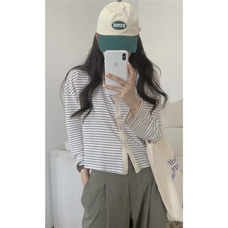 【RENA小舖 台灣現貨每天出】復古條紋少女圓領修身長袖開衫上衣工裝風墨綠休閒長褲套裝【R19049】-細節圖9