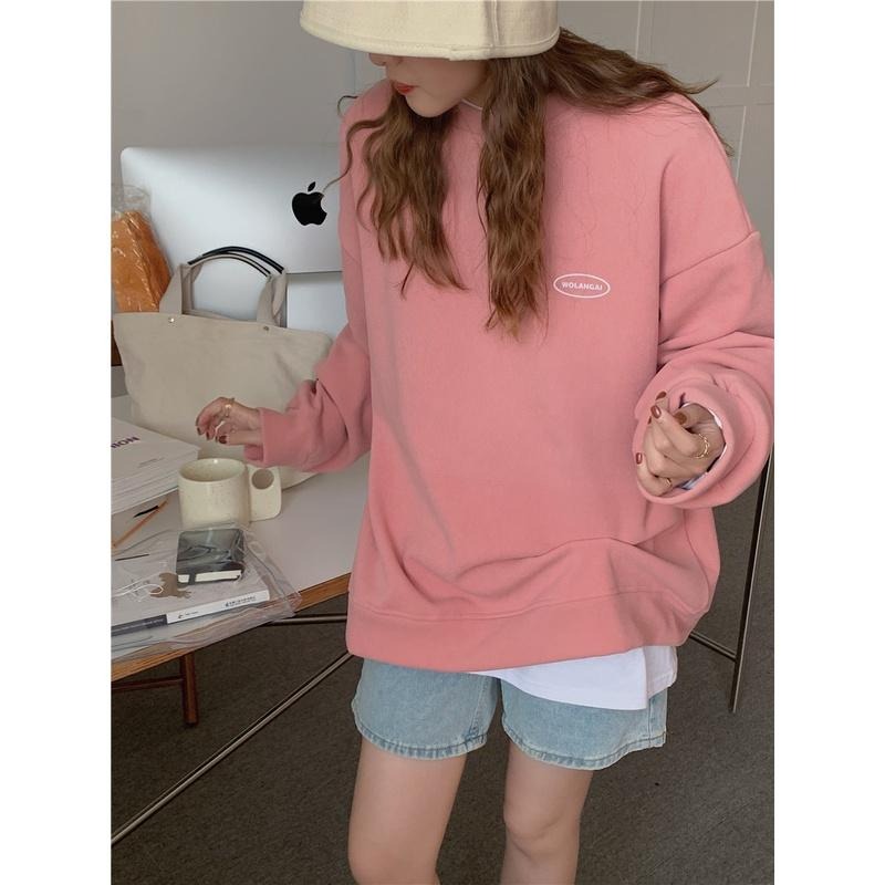 【RENA小舖 台灣現貨每天出】多色不踩雷💣｜糖果色小字母大學T/圓領/百搭/上衣/長袖/大學t【R20776】-細節圖4