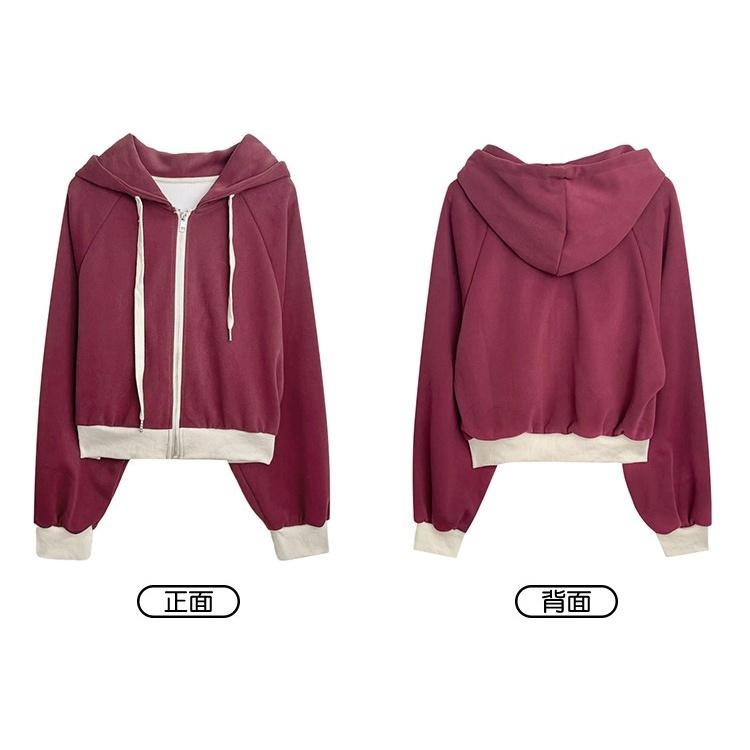 【RENA小舖 台灣現貨每天出】秋季顯白復古酒紅色小個子拼色寬鬆慵懶顯瘦短款連帽衛衣外套【R20836】-細節圖8