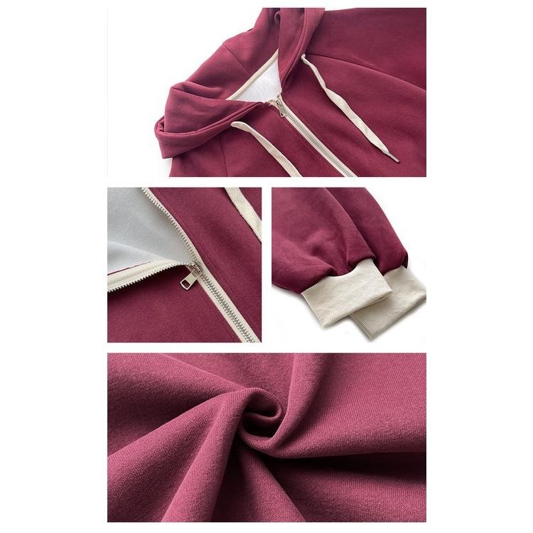 【RENA小舖 台灣現貨每天出】秋季顯白復古酒紅色小個子拼色寬鬆慵懶顯瘦短款連帽衛衣外套【R20836】-細節圖9