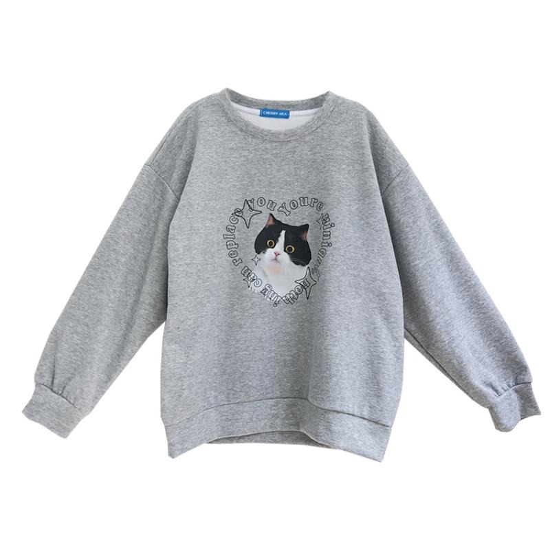 【RENA小舖 台灣現貨每天出】貓咪印花大學T 大學T 美式大學T 大學T長袖 印花T恤 長袖T恤【R21662】-細節圖2