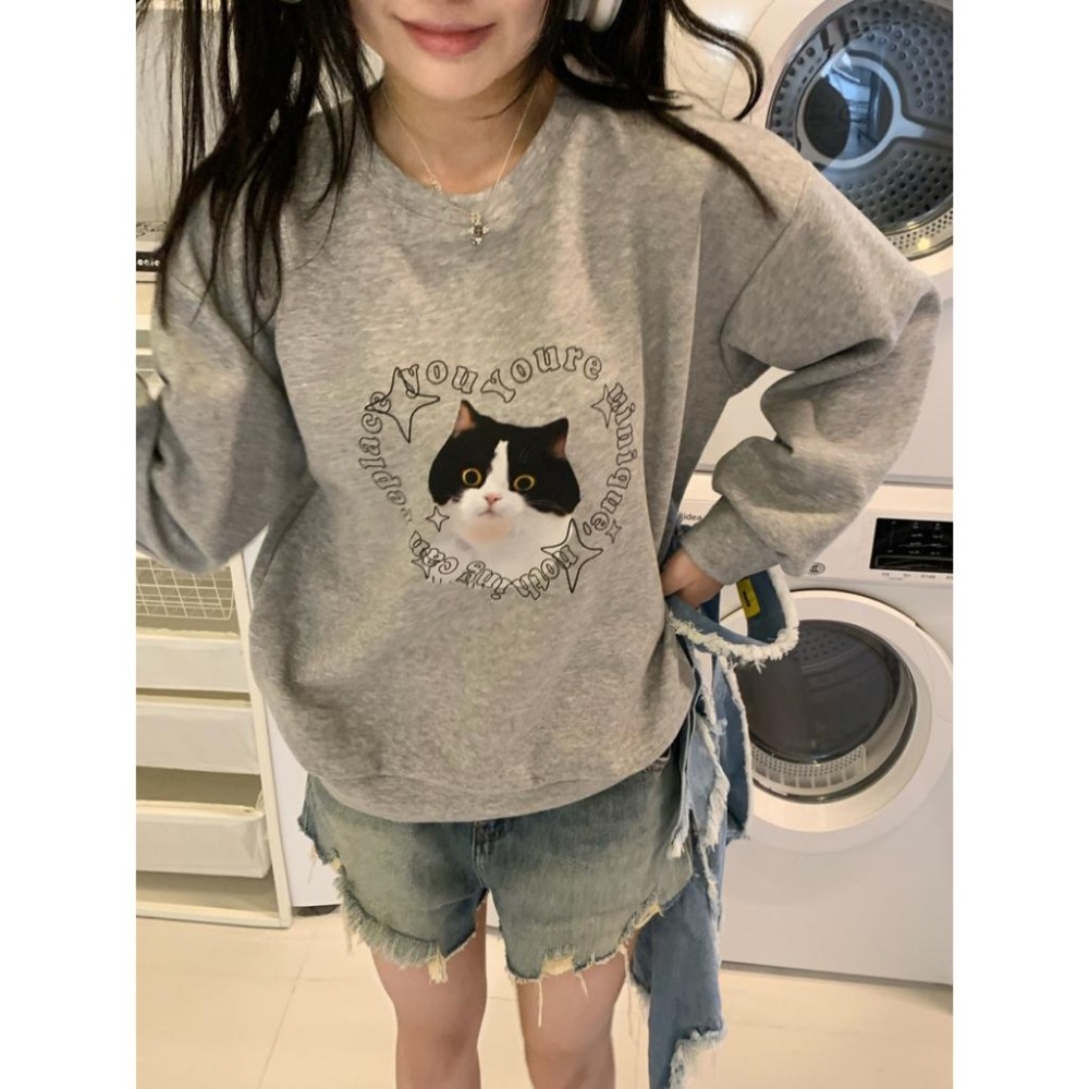 【RENA小舖 台灣現貨每天出】貓咪印花大學T 大學T 美式大學T 大學T長袖 印花T恤 長袖T恤【R21662】-細節圖6