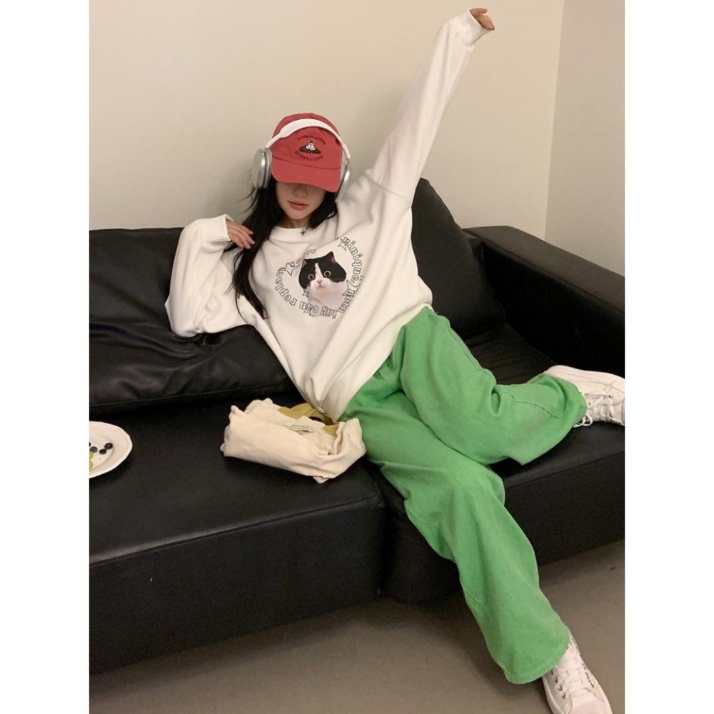 【RENA小舖 台灣現貨每天出】貓咪印花大學T 大學T 美式大學T 大學T長袖 印花T恤 長袖T恤【R21662】-細節圖8