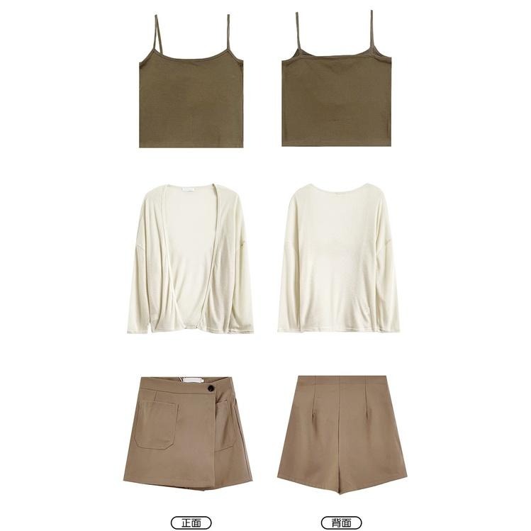 【RENA小舖 台灣現貨每天出】杏色三件式套裝_現貨/溫柔/防曬/復古/小吊帶/外搭/短褲【R20428】-細節圖2
