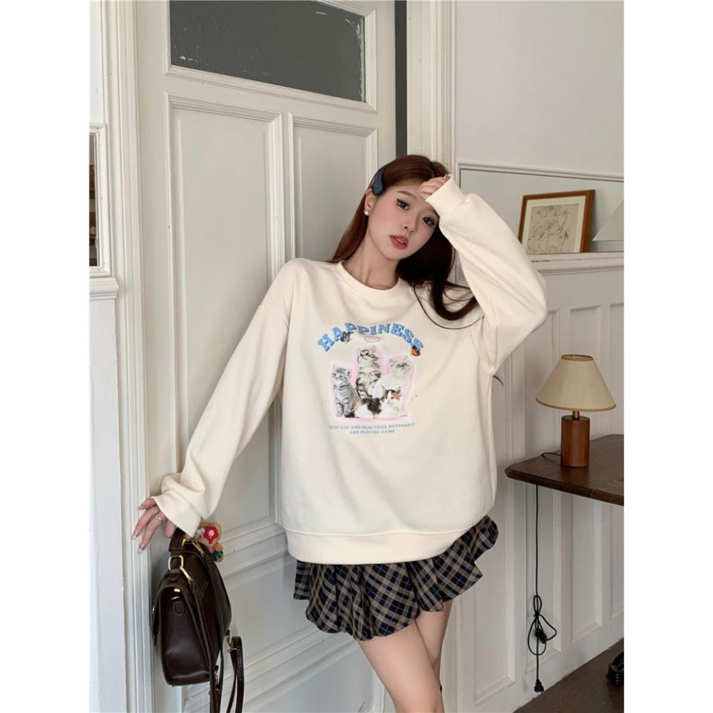 【RENA小舖 台灣現貨每天出】美式圓領貓咪印花大學T 衛衣 寬鬆 T恤 可愛 大學T女 圓領T恤【R21672】-細節圖5