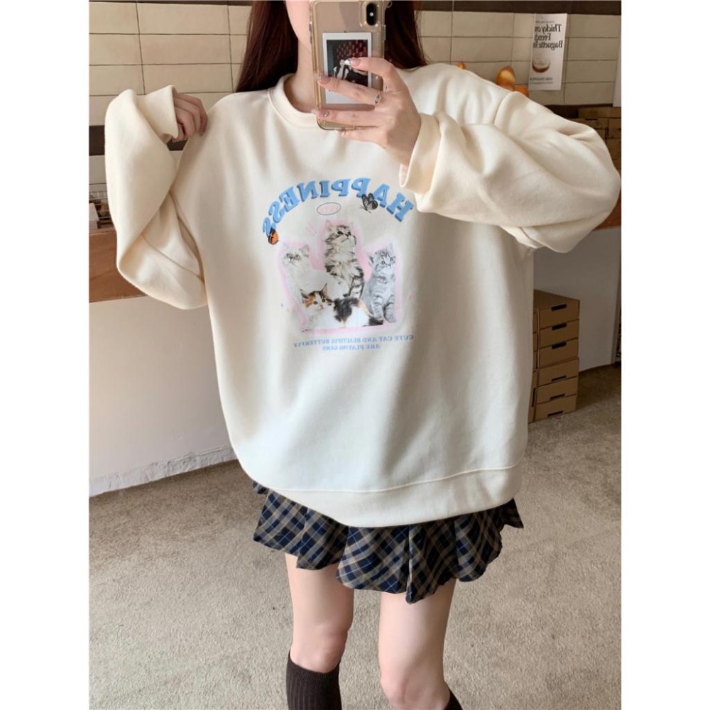 【RENA小舖 台灣現貨每天出】美式圓領貓咪印花大學T 衛衣 寬鬆 T恤 可愛 大學T女 圓領T恤【R21672】-細節圖6