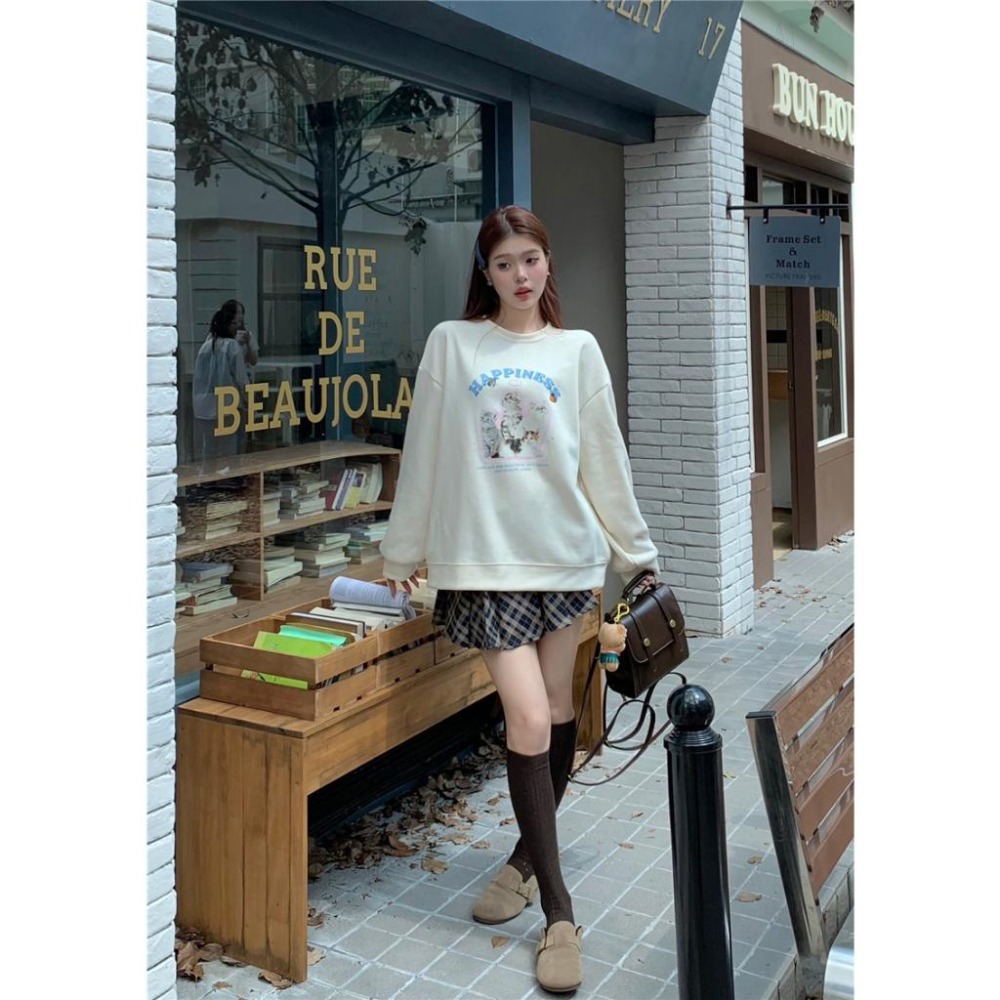 【RENA小舖 台灣現貨每天出】美式圓領貓咪印花大學T 衛衣 寬鬆 T恤 可愛 大學T女 圓領T恤【R21672】-細節圖8