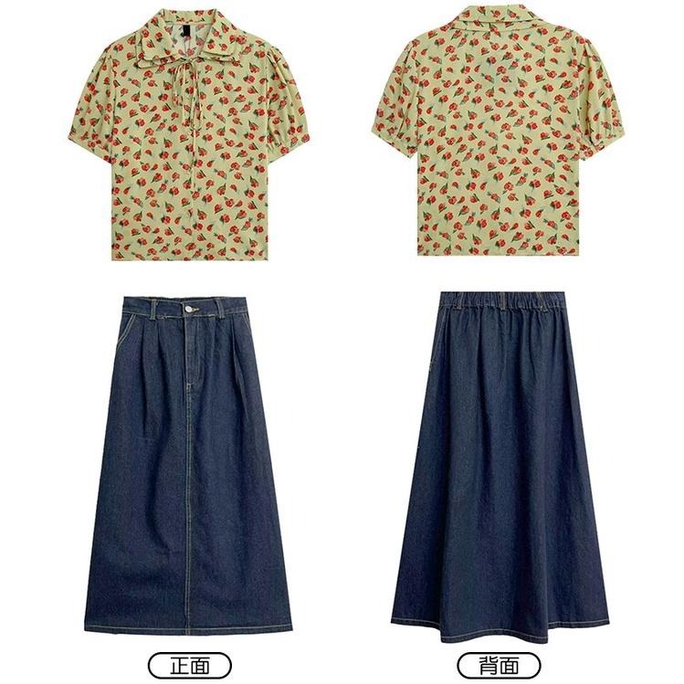 【RENA小舖 台灣現貨每天出】復古玫瑰碎花綁帶翻領短袖雪紡襯衣 半松緊腰A字牛仔半身裙【R20346】-細節圖2